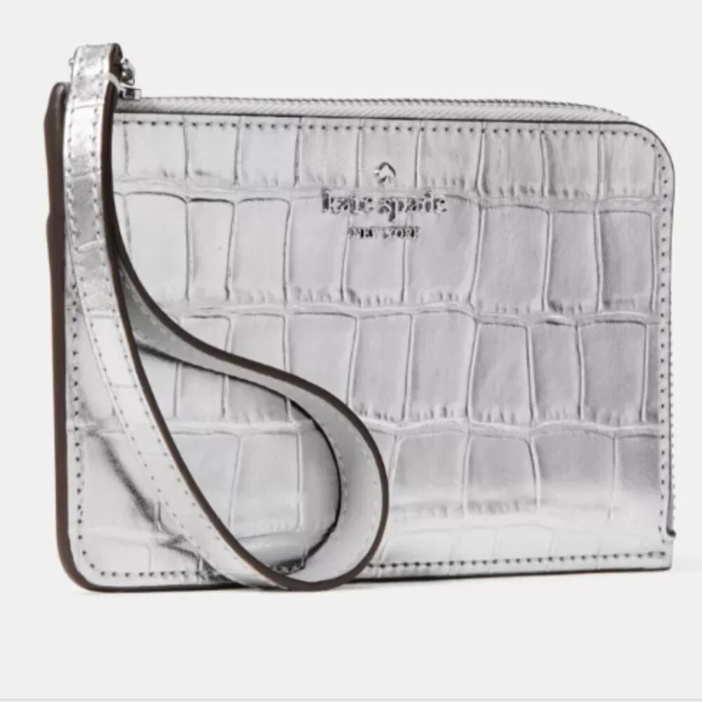 Kate Spade Lucy Croc Embossed Small L‑Zip Card Holder Wristlet – Silver – NWT